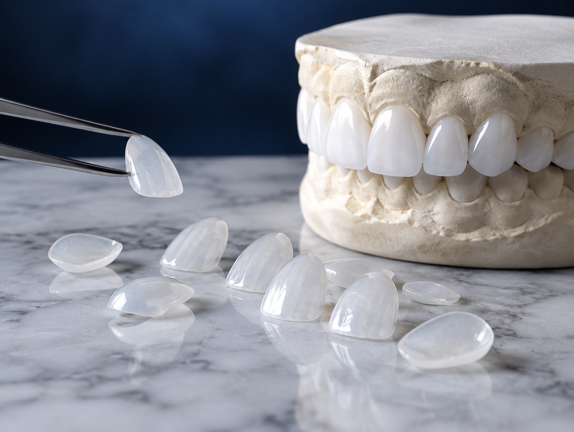 Lentes de contato dental em porcelana sobre bancada do laboratório